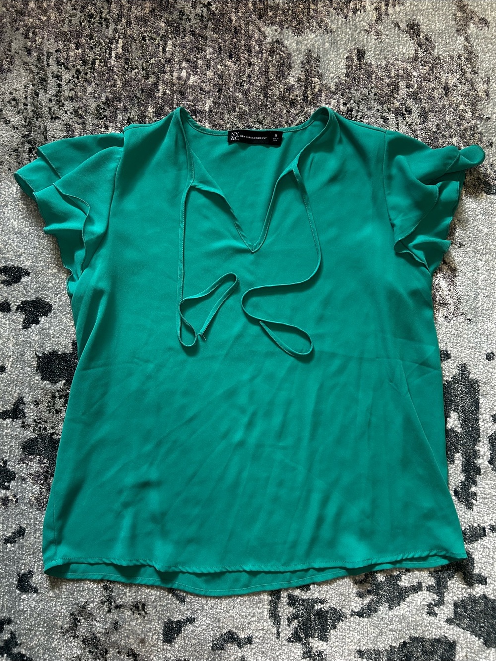 New York & Company Emerald Green Tie-Neck Ruffle Sleeve Blouse